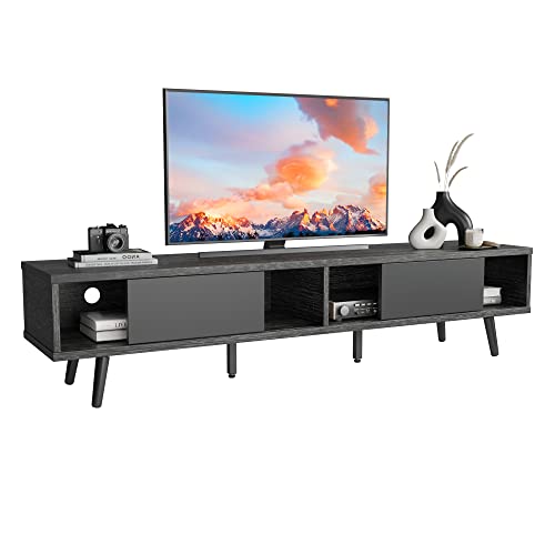Bestier 70 inch Mid Century Modern Entertainment Center for 75 inch Display, Low Profile with Storage, for Living Room, Cord Management, Black Ash