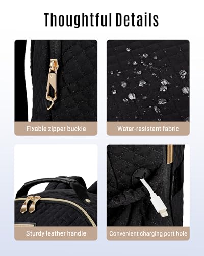 LIGHT FLIGHT Travel Laptop Backpack for Women, 15.6 Inch Anti Theft Laptop Backpack with USB Charging Hole Water Resistant Computer Backpack for Work, Quilted Black