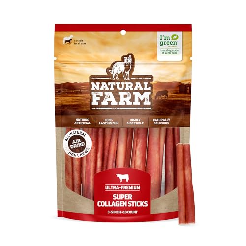 Natural Farm Odor-Free Super Collagen Dog Chews (3-5 Inch, 10-Pack) The First Ever Real Bull Sticks Alternative: 100% Natural Angus Hide Collagen Treats - More Protein, More Chew Time for All Dogs