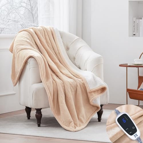 Sealy Heated Blanket Electric Throw, Flannel & Sherpa Heating Throw with 6 Heat Settings & 2-10 Hours Auto Shut Off, Fast Heating & ETL Certification, 50x60 Inch, Beige