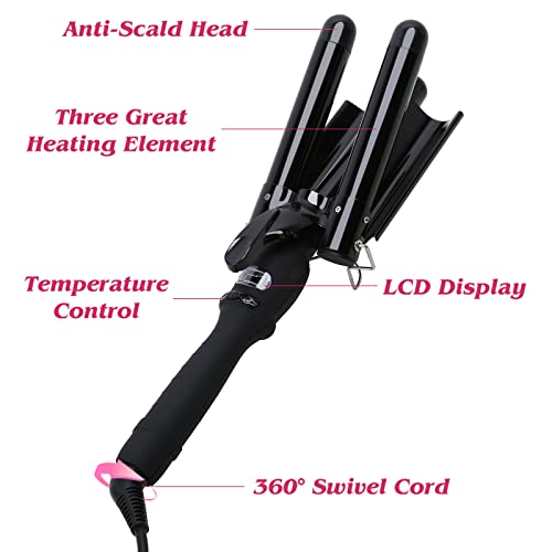 3 Barrel Curling Iron Wand with LCD Temperature Display - 1 Inch Professional Salon Ceramic Triple Barrels Curling Iron (Black)