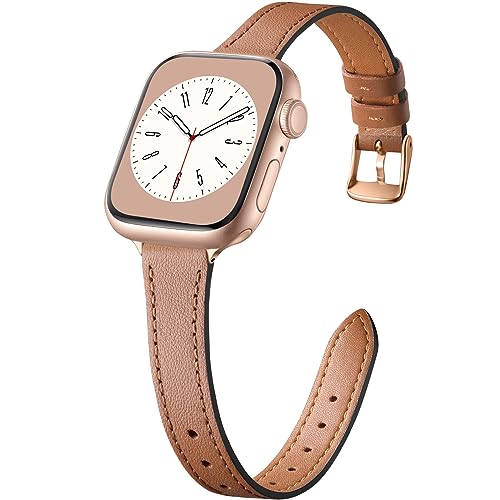 Charlam Slim Leather Band Compatible with Apple Watch Band 40mm 38mm 41mm 42mm 44mm 45mm 46mm Women,Top Grain Genuine Leather Strap Thin Wristband for iWatch Series 10 9 8 7 6 5 4 3 2 1 SE Ultra,Camel