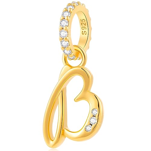 Alphabet CZ Letter W Pendant Charm, 18K Yellow Gold Plated 925 Sterling Silver Initial W Dangle Beads fit Pandora Wedding Anniversary Bracelet, Gift for Bride Bridal/Wife Wifey/Sister