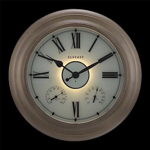 CLXEAST 24 Inch LED Illuminated Outdoor Clocks Waterproof with Thermometer & Hygrometer, Large Lighted Metal Wall Clock with Smart Light Sensor,Grey Oak Finish