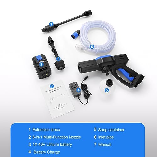 Homdox Upgraded 1300PSI Cordless Pressure Washer w/ 40V Battery, Cordless Power Washer Battery Powered, Portable Pressure Washer w/ 6-in-1 Nozzle, Soap Container, Charger Included (Black&Blue)