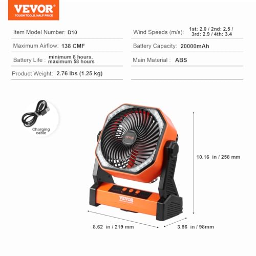 VEVOR 20,000mAh Camping Fan, 8 Inch Battery Operated Fan with LED Lantern, Rechargeable Fan Portable with 4 Speeds, 270°Head Rotation, Outdoor Tent Fan with Hook for Picnic, Barbecue, Fishing, Travel