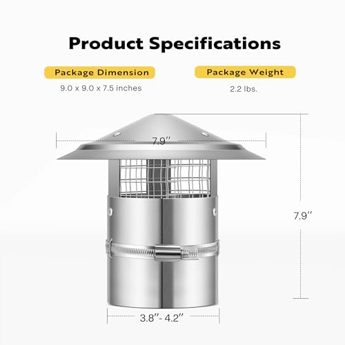 VIVOHOME 4" Cone Top Chimney Cap with Screen, Round Roof Rain Chimney Cover, Galvanized Steel Fireplace Exhaust Cap, Adjustable Roof Cap for Vent