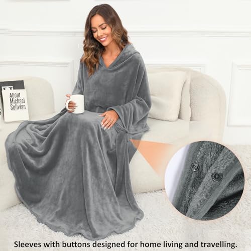 Gentlewarm Travel Blanket Flannel Foldable Wearable Blanket with Hood Giant Zippered Pocket Super Soft Cozy for Couch Lovers One Size Fits All Woman Man