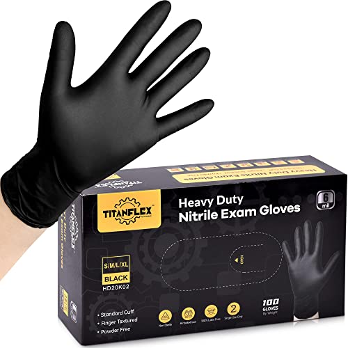 TitanFlex Disposable Nitrile Exam Gloves, 6-mil, Black, Small 100-ct Box, Heavy Duty Disposable Gloves, Cooking Gloves, Mechanic Gloves, Latex Free Gloves, Food Safe Rubber Gloves for Food Prep