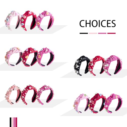 TANOSII Valentine’s Day Knotted Headband for Women Wide Headbands Hair Accessories Jeweled Hairband Letter Heart Rose Red