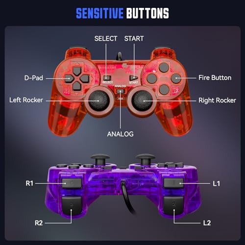 Doueuain Wired Controller for PS2, 2 Pack Gamepad Remote Double Shock Compatible with Play station 2, with 1.8M Cable(Clear Red and Clear Blue)