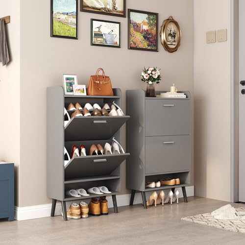 HOMEFORT Shoe Cabinet for Entryway, Shoe Storage Cabinet with 2 Flip Drawers, 30" Narrow Shoe Organizer Cabinet for Front Door Entrance, Modern Slim Hidden Shoe Rack Cabinet in Balck