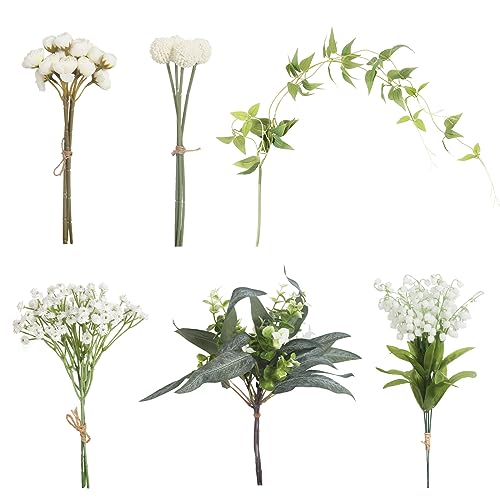 SDEERIT White Artificial Greenery Spray, 20PCS Artificial Filler Plants with 6 Kinds of Eucalyptus Greenery Centerpieces for Tables Fake Plants for DIY Wedding Bouquet Table Centerpieces (White)