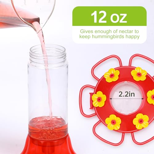 Rihogar Hummingbird Feeder for Outdoors Hanging, 2 Pack Plastic Humming Bird Feeders with Buckle, 6 Feeding Ports, Built-in Ant Moat, Wild Bird Feeder for Outside Garden, Leak-Proof (12 oz)