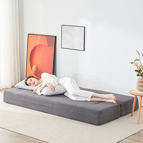 Lazyzizi Floor Sofa Bed, Convertible Sleeper Lounge Couch Folding Mattress with 2 Pillows & Washable Cover for Living Room, Guest, Playroom 8inches Twin