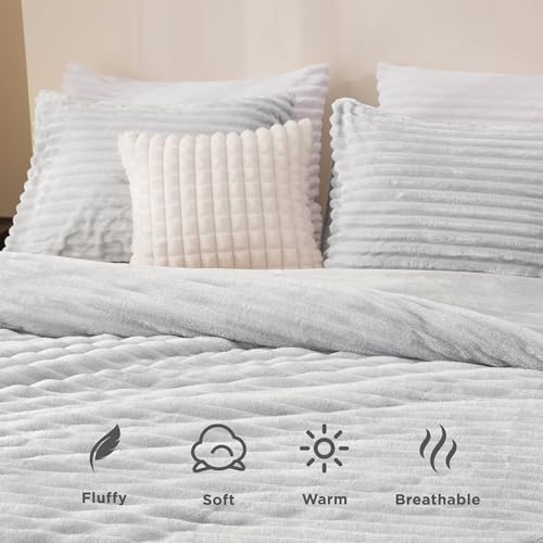 Andency Queen Comforter Set, Fluffy Super Soft Light Grey Comforter for Queen Size Bed, Winter Warm Fleece Faux Fur Bedding Set, Luxury Plush Fuzzy Bed Set 3pcs (1 Shaggy Comforter, 2 Pillowcases)