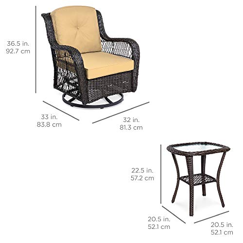 Best Choice Products 3-Piece Outdoor Wicker Patio Bistro Set w/ 2 360-Degree Swivel Rocking Chairs and Tempered Glass Top Side Table - Beige