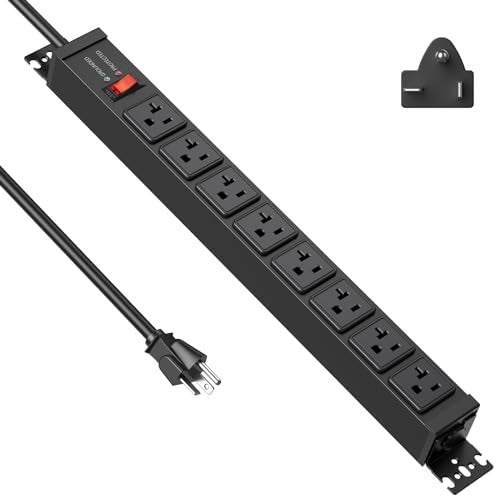 JUNNUJ 20 Amp Power Strip Surge Protector 4800J, Heavy Duty 8 Outlet Metal Multi Angle Mount, 20A Garage Power Strip Shop 6-20R T-Slot, 5-15P Plug 12 Gauge Extension Cord 6ft for Appliance