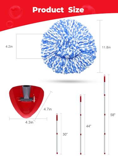 Spin Mop Replace Head Compatible with O-Cedar RinseClean 2 Tank, Mop Replacement Head Handle Base, 2 Microfiber Mop Refills+1 Mop Stick(30-58") +1 Mop Base Combo Set (Blue)