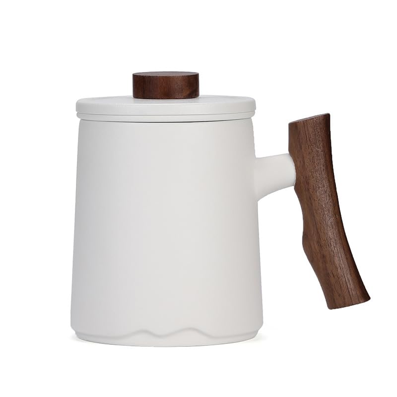 Matty's Garden White Ceramic Coffee Mug and Tea infuser - 12 oz with lid and steeper and wooden handle