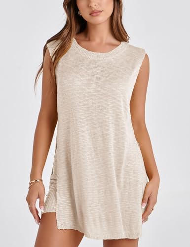 UANEO Women 2 Piece Outfits Lounge Sets Summer Knit Sleeveless Top and Shorts Sweater Set (Beige-XS)
