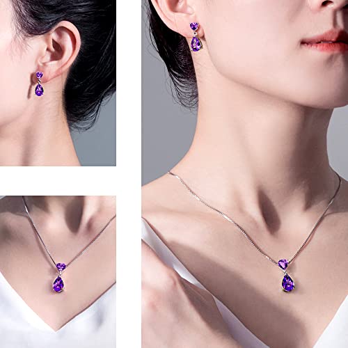 JIANGXIN 18"~20" Pear cut Amethyst 925 Sterling Silver Pendant Necklace Drop Earrings Jewelry Set for Women Heart cz Decorated