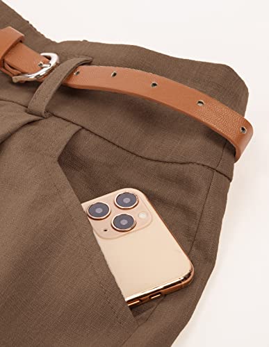 Womens Summer Linen Shorts Khaki Bermuda Shorts with Belts Paper Bag Shorts (Khaki, S)