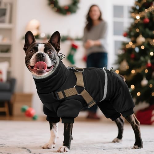 BRKURLEG Black Dog Coat with Harness, Dog Winter Jacket, Dogs Onesie Body Warm Jackets, Small Dogs Winter Coats Reflective Windproof Warm Cold Weather Coats, Pet Waterproof Jacket Hiking S