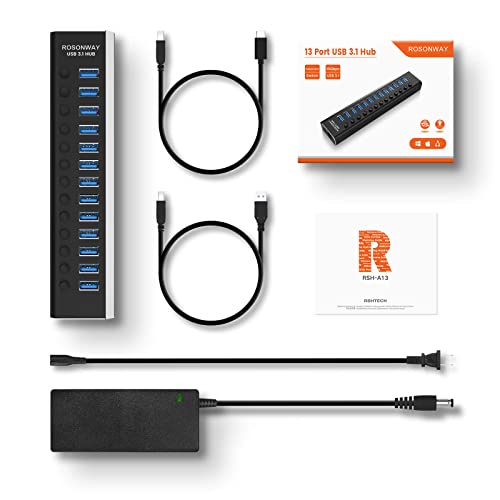 Powered USB Hub Rosonway Aluminum 13 Port USB 3.1/3.2 Gen 2 Hub 10Gbps with 72W (12V/6A) Power Adapter and Individual Switches, Type A and Type C Cables, USB C Hub Expander for PC and Laptop, RSH-A13