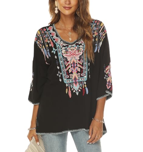 Higustar Mexican Embroidered Tops for Women Traditional Boho Tunics Bohemian Shirts Plus Size Peasant Clothes Blouses Black