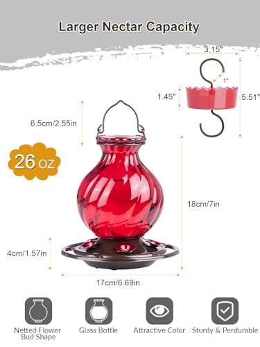 Hummingbird Feeder, Auslar 26 Ounces Glass Hummingbird Feeders for Outdoors Hanging Ant and Bee Proof, Ant Moat & 5 Flower Feeding Ports, Rustproof, Leakproof, Netted Flower Bud Shape Bottle, Red