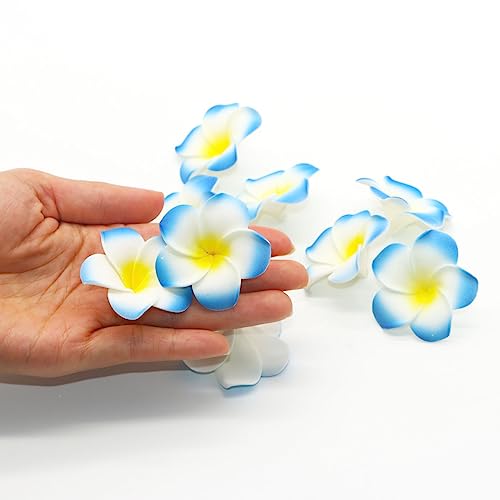 FZBNSRKO 100 Pcs Hawaiian Foam Artificial Plumeria Rubra Hawaiian Flower Petals for Wedding Party Decoration,Diameter 1.6inch,Blue