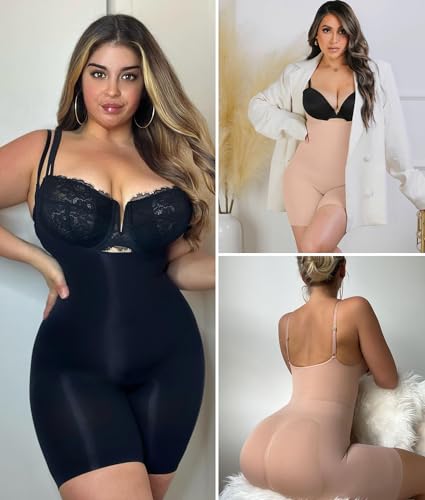 YIANNA Shapewear for Women Tummy Control Bodysuit Open Bust Mid Thigh Seamless Sculpting Body Shaper,YA5258-Black-XXS/XS