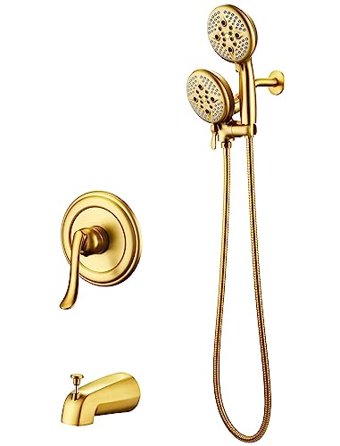 ELLO&ALLO Shower Faucet Set with Tub Spout, Single Handle Tub and Shower Faucet Combo Set, Brushed Gold (Valve Included)