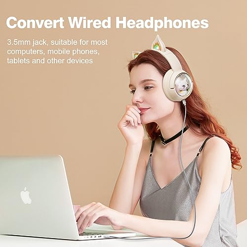 PHNIXGAM Cat Bluetooth Headphones, Wireless Headset with Mic, RGB LED Light Compatible with Mobile Phones PC Tablet, with 3.5mm Wired Mode for Audio Only, Beige