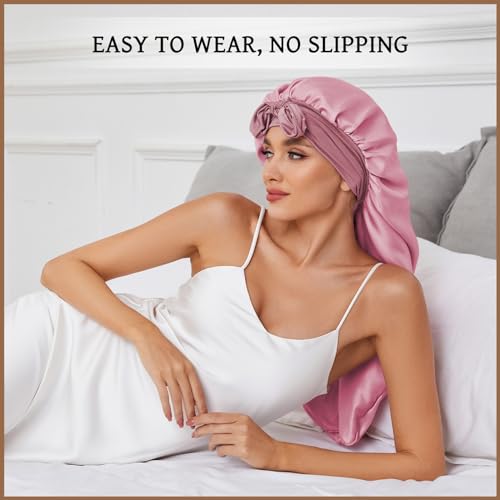 Long Bonnet for Braids & Curly Hair, Silk Satin Bonnet for Sleeping, Extra Large Bonnets for Women Braid DEMAZALO (Black Pink)