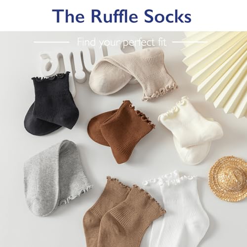 Hstyle Ruffle Socks Women, Ruffle Turn-Cuff Casual Cute Girl Ruffle Socks Breathable Cool Ruffle Ankle Socks 6 Pairs of Black