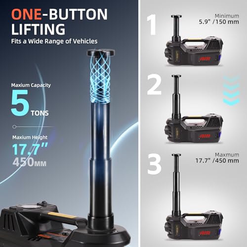 Electric Car Jack Hydraulic Kit 5 Ton 12V with Impact Wrench Power, Built-in Inflator, LED Light, Portable Floor Gata para for Vehicle Truck SUV Automatic Lift Change Tire Repair Black