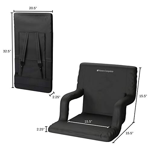 Stadium Chair Cushion - Bleacher Seat with Padded Back Support, Armrests, 6 Reclining Positions, and Portable Carry Straps by Home-Complete (Black)