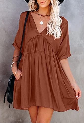 HUUSA Womens Summer Cute Babydoll Swing Flowy Tunic Dress 2023 V Neck Short Sleeve Casual Loose Solid Color Fashion Mini Shift Dresses XLarge Brown