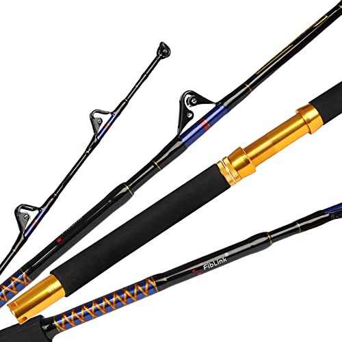 Fiblink Saltwater Fishing Trolling Rod 1 Piece/2 Piece Heavy Roller Rod Big Name Conventional Boat Fishing Pole with Roller Guides (1-Piece 5'6" 30-50lb)