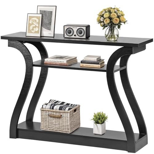ZenStyle Wood Console Table with Curved Legs and Shelf, 3 Tier Modern Accent Sofa Table for Entrywaty, Living Room, Hallway, 47 in Wide, Easy Assembly (Black)