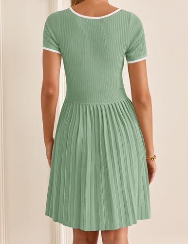 ZESICA Women's Ribbed Square Neck Color Block Pleated Mini Dress 2024 Short Sleeve A Line Knit Short Dresses Almond S