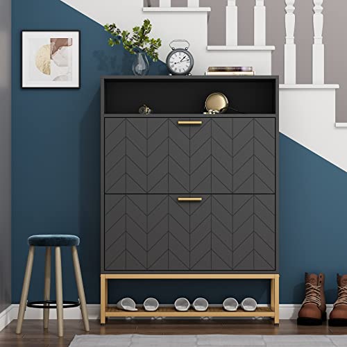 Loomie Shoe Cabinet, Free Standing Tipping Bucket Shoe Rack Organizer with 2 Flip Drawers,Entryway Narrow Shoe Storage with Shelf & Top Cubby,Modern Slim Hidden Cabinet With Doors (Black)