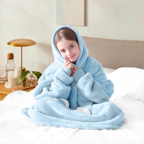 Touchat Wearable Blanket Hoodie, Oversized Sherpa Blanket Sweatshirt with Hood Pocket and Sleeves, Super Soft Warm Plush Hooded Blanket for Kids, One Size Fits All (Airy Blue)