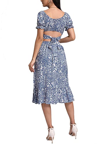 LYANER Women's 2 Piece Outfits Floral Self Tie Knot Crop Tops and Midi Skirt Set Solid Navy Large