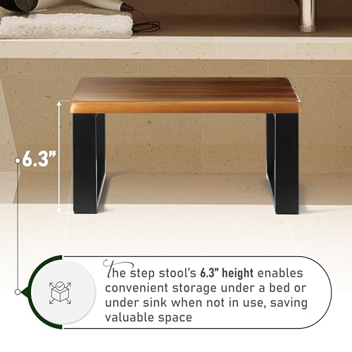 2BHOME Wooden Step Stool, Heavy Duty One Step Stool for Adults, Wooden Stepping Stool with 450Lbs Capacity for Kitchen & Bathroom, Non-slip Wood Bedside Bed Steps with Robust Steel Frame for High Beds