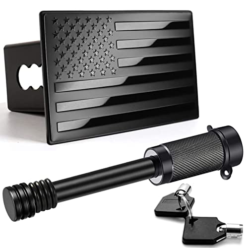 American Flag Metal Trailer Hitch Cover for 2 inch Receivers(with 5/8-Inch Pin Diameter Trailer Hitch Lock ) (Black)