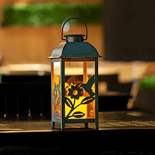 Solar Lantern Outdoor Hummingbird Blue Decor Antique Metal and Glass Construction Mission Solar Garden Lantern Indoor and Outdoor Solar Hanging Lantern Entirely Solar Powered Lantern Low Maintenance