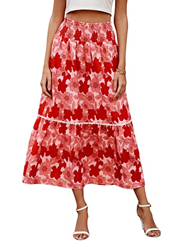 BTFBM Women 2024 Summer Spring Floral Long Skirts Casual Elastic High Waist Pleated Swing A Line Boho Beach Maxi Skirt(Flower Blue Pink, Medium)